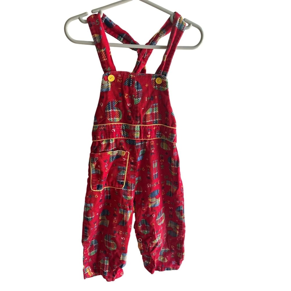 Vintage 1978 Kids Sears Perma-Prest Red Colorful Corduroy Overalls Jumper 2T